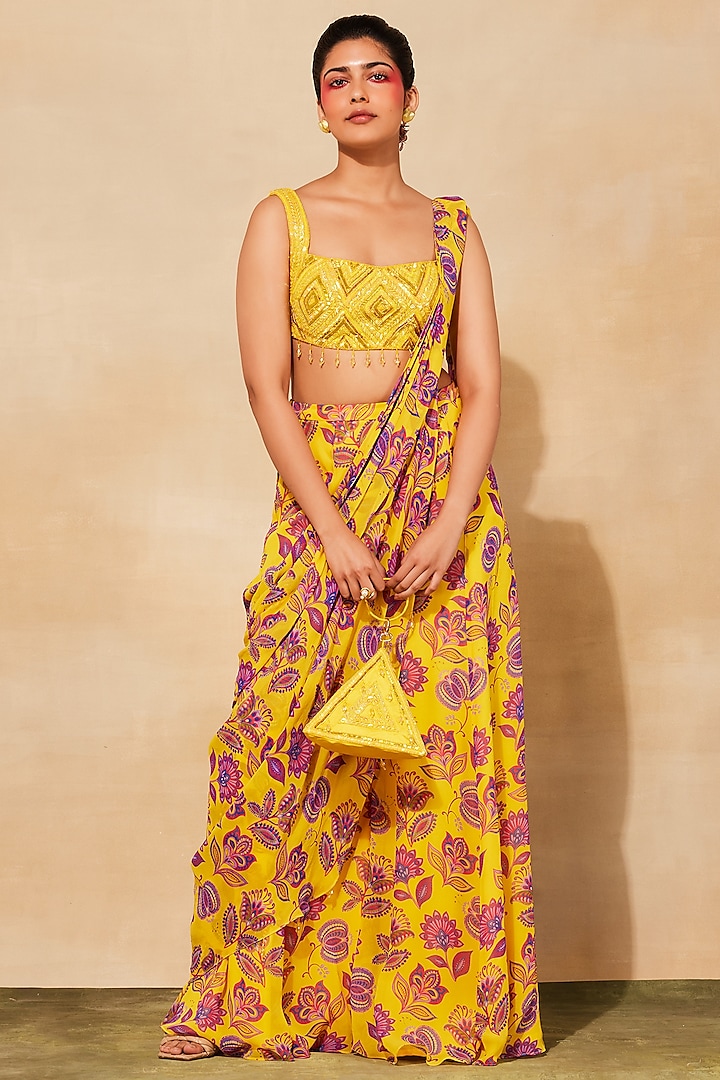 Yellow Georgette Printed Sharara Saree Set by DiyaRajvvir