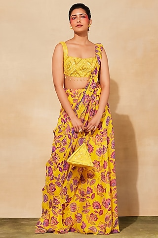 Yellow Georgette Chintz Printed Sharara Pant Saree Set by DiyaRajvvir