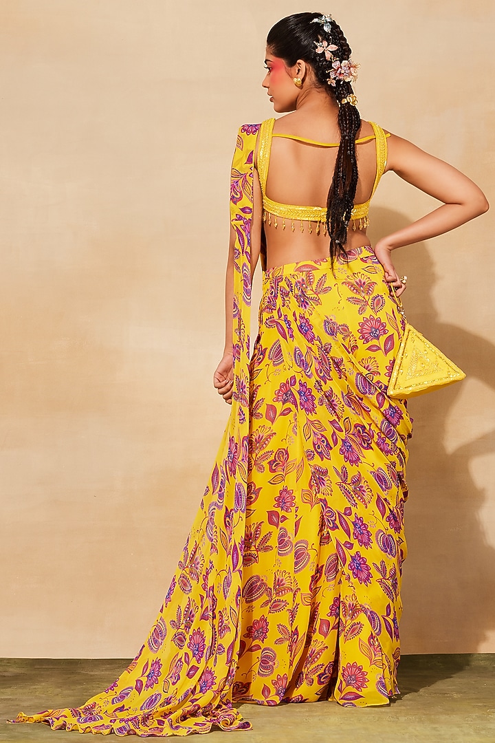 Yellow Georgette Chintz Printed Sharara Pant Wedding Saree Set by DiyaRajvvir at Pernia's Pop Up Shop