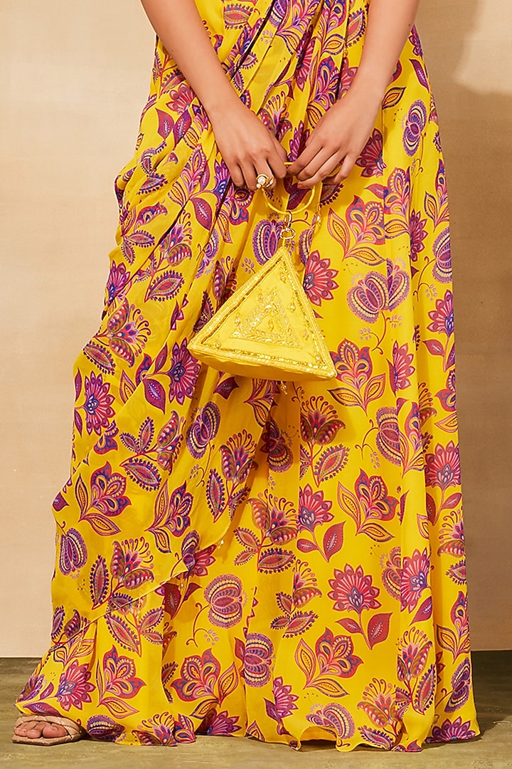 Yellow Georgette Chintz Printed Sharara Pant Wedding Saree Set by DiyaRajvvir at Pernia's Pop Up Shop