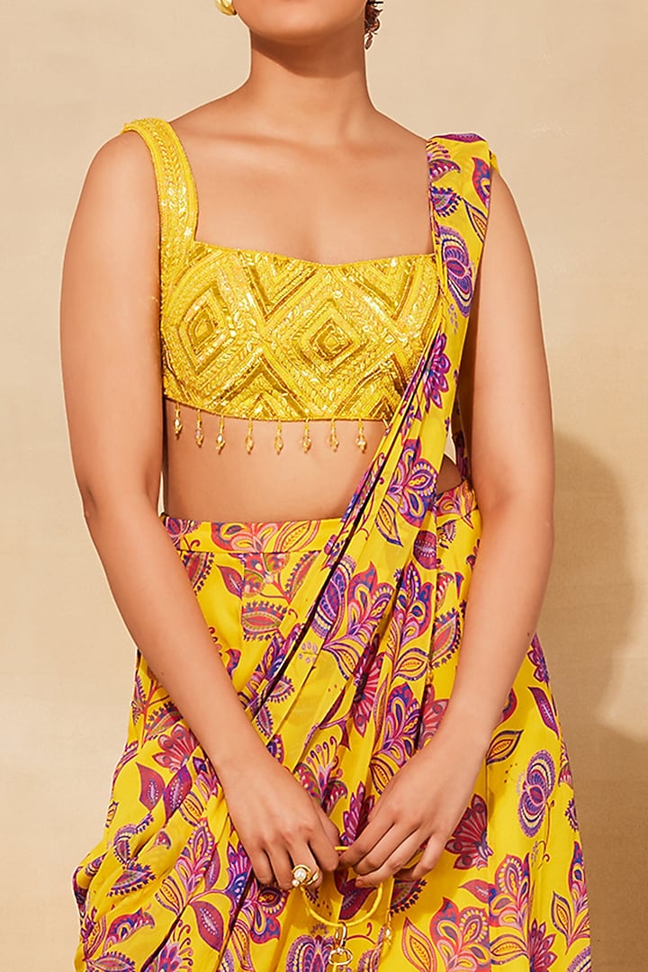 Yellow Georgette Chintz Printed Sharara Pant Wedding Saree Set by DiyaRajvvir at Pernia's Pop Up Shop