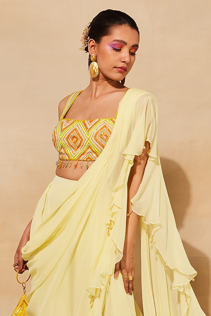 Pastel Yellow Georgette Box Pleated Ruffled Pant Wedding Saree Set by DiyaRajvvir at Pernia's Pop Up Shop