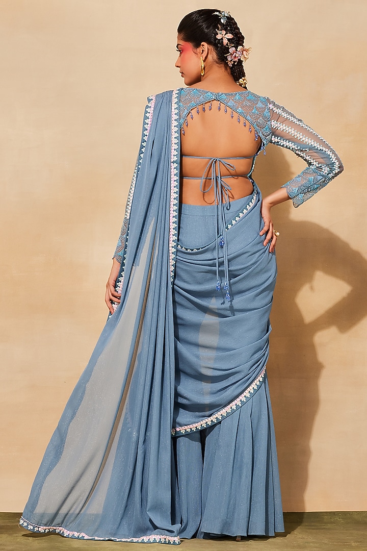 Powder Blue Georgette Bell Bottom Pant Wedding Saree Set by DiyaRajvvir at Pernia's Pop Up Shop