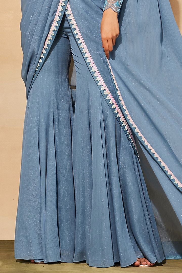 Powder Blue Georgette Bell Bottom Pant Wedding Saree Set by DiyaRajvvir at Pernia's Pop Up Shop