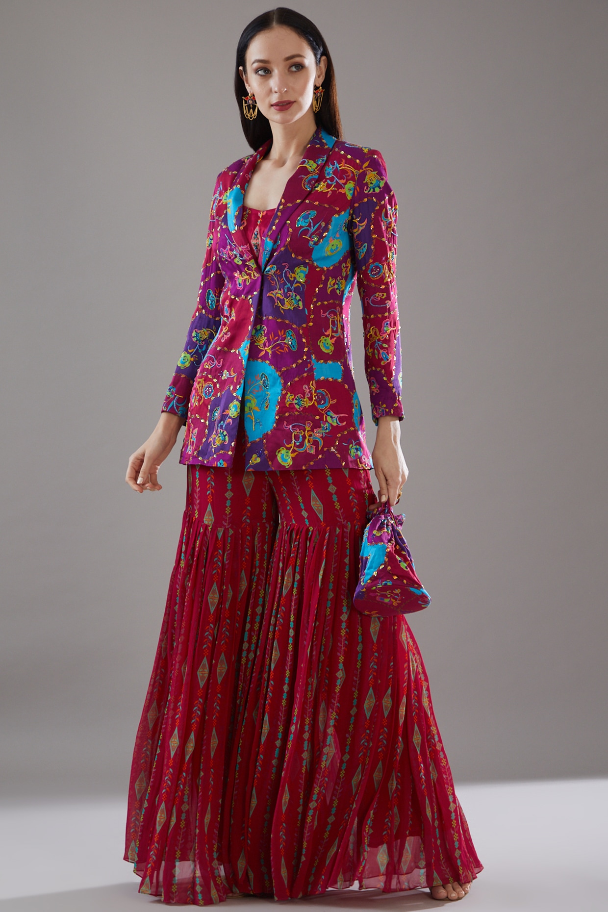 Red Printed Rayon Gharara