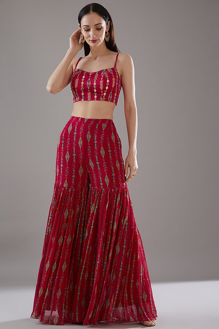 Crimson Red Modal & Georgette Printed Gharara Set by DiyaRajvvir at Pernia's Pop Up Shop
