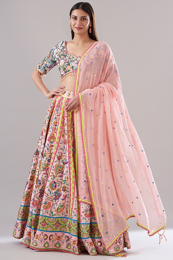 Blush Pink Tulle & Raw Silk Printed Lehenga Set by DiyaRajvvir
