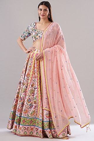 Blush Pink Tulle & Raw Silk Printed Lehenga Set by DiyaRajvvir