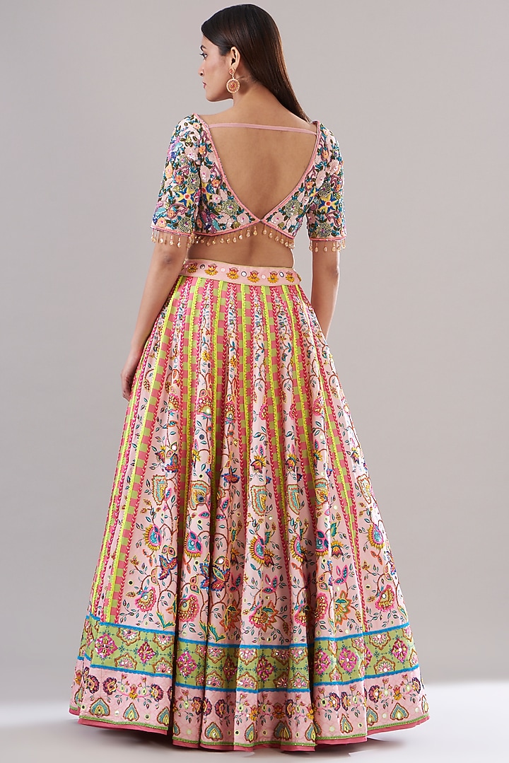 Blush Pink Tulle & Raw Silk Printed Wedding Lehenga Set by DiyaRajvvir at Pernia's Pop Up Shop