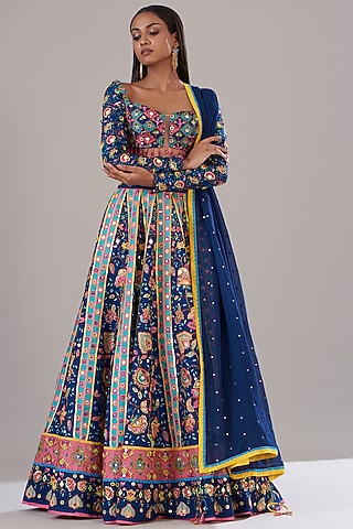Dark Blue Raw Silk Printed & Embroidered Lehenga Set by DiyaRajvvir