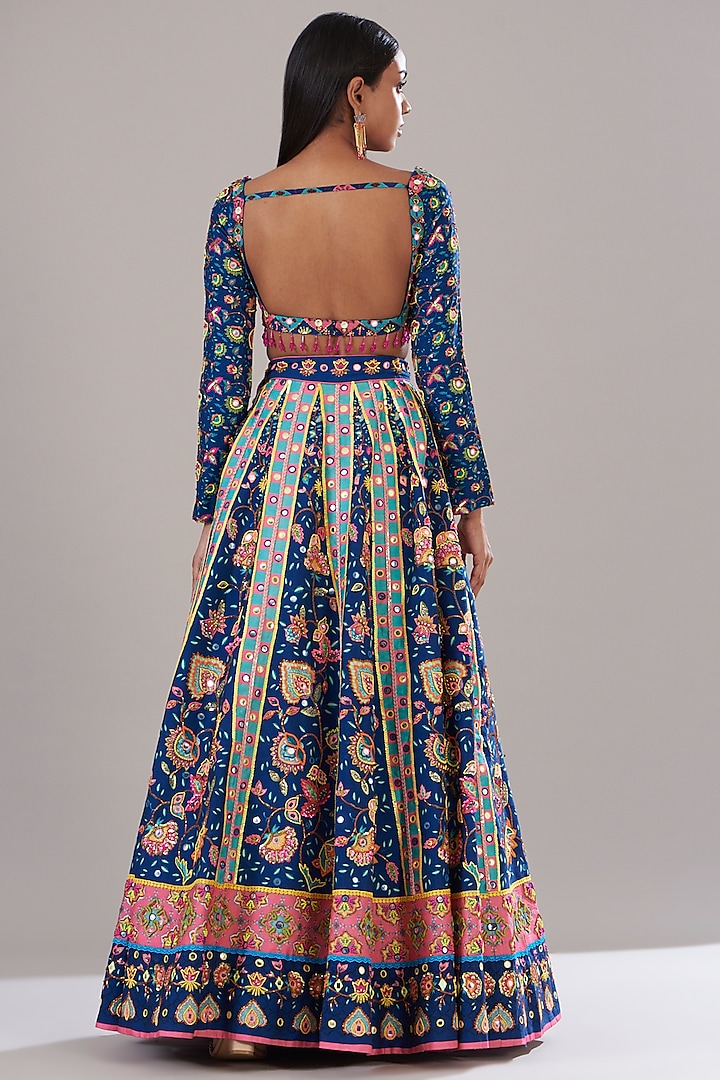 Dark Blue Raw Silk Printed & Embroidered Wedding Lehenga Set by DiyaRajvvir at Pernia's Pop Up Shop