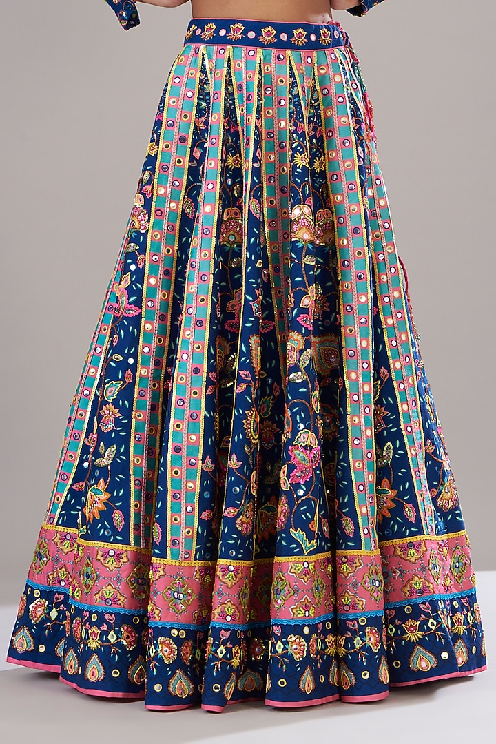 Dark Blue Raw Silk Printed & Embroidered Wedding Lehenga Set by DiyaRajvvir at Pernia's Pop Up Shop