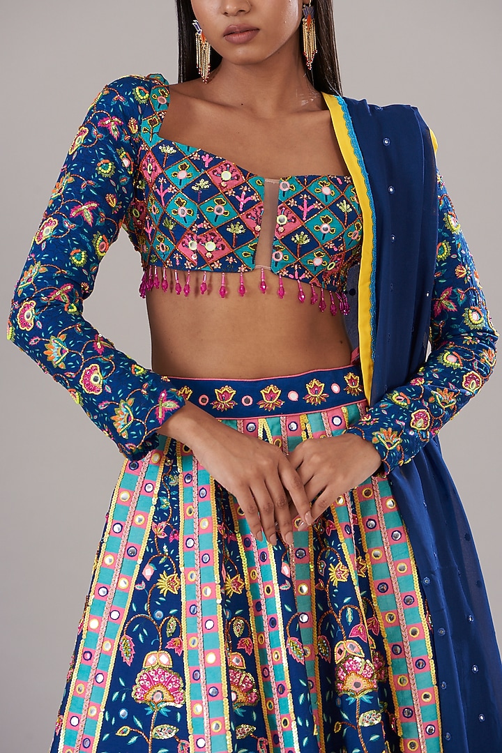 Dark Blue Raw Silk Printed & Embroidered Wedding Lehenga Set by DiyaRajvvir at Pernia's Pop Up Shop