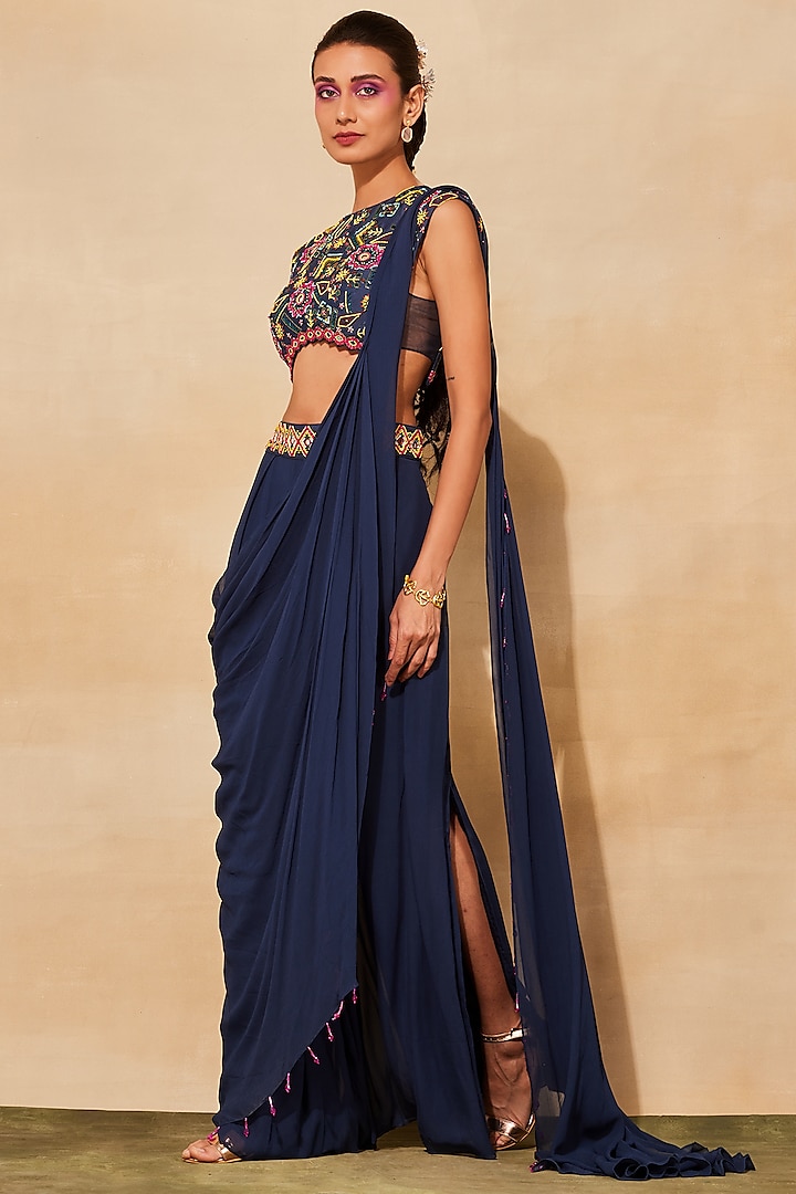 Dark Blue Georgette Pleated Pant Saree Set by DiyaRajvvir