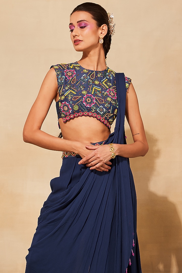 Dark Blue Georgette Box Pleated Pant Wedding Saree Set by DiyaRajvvir at Pernia's Pop Up Shop