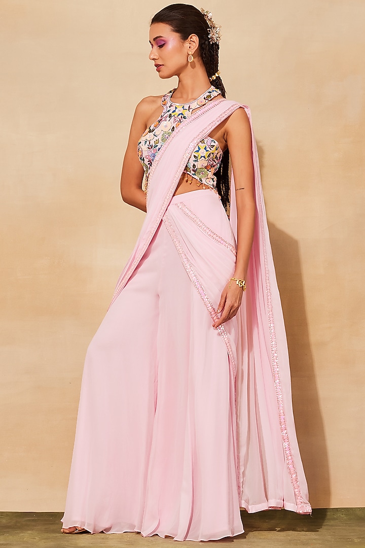 Blush Pink Georgette Sequins Embroidered Sharara Pant Saree Set
 by DiyaRajvvir