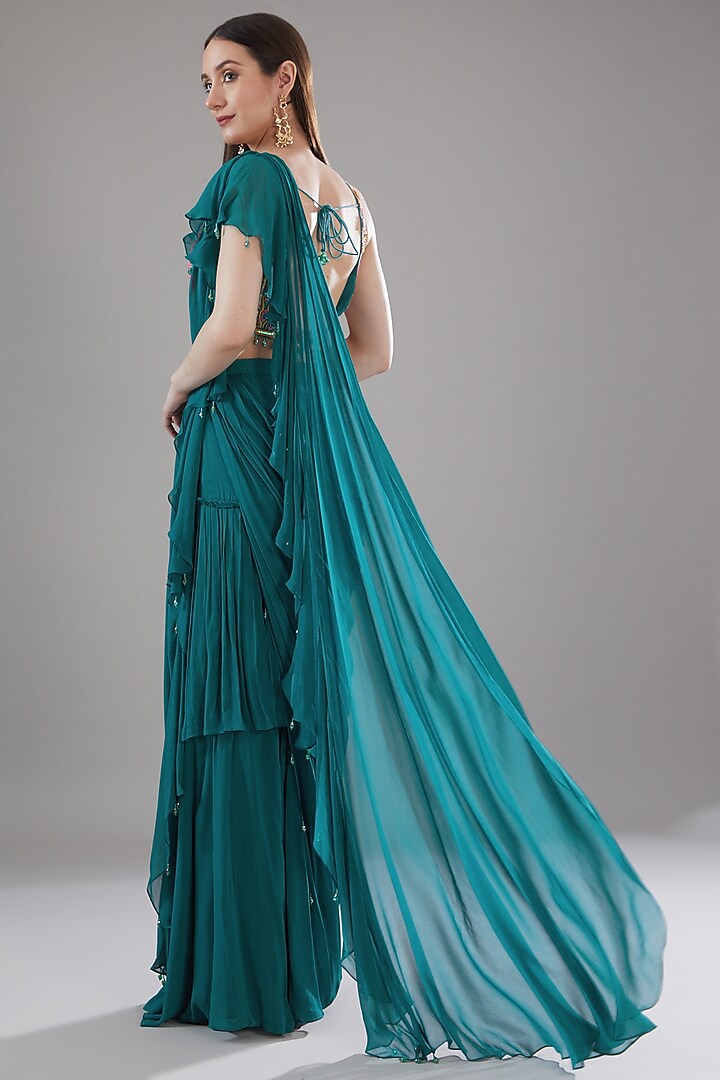 Teal Blue Tulle & Georgette Skirt Wedding Saree Set by DiyaRajvvir at Pernia's Pop Up Shop