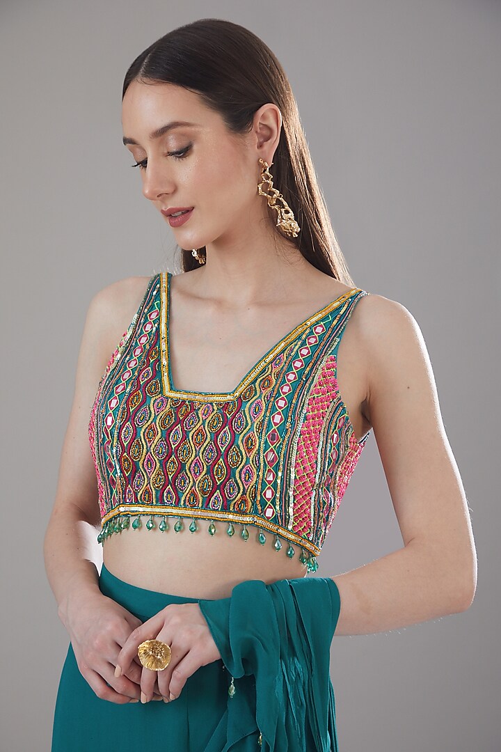 Teal Blue Tulle & Georgette Skirt Wedding Saree Set by DiyaRajvvir at Pernia's Pop Up Shop