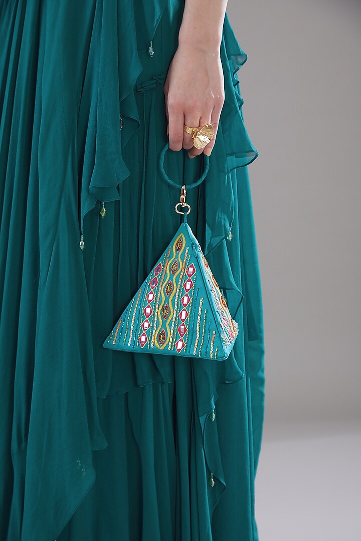 Teal Blue Tulle & Georgette Skirt Wedding Saree Set by DiyaRajvvir at Pernia's Pop Up Shop