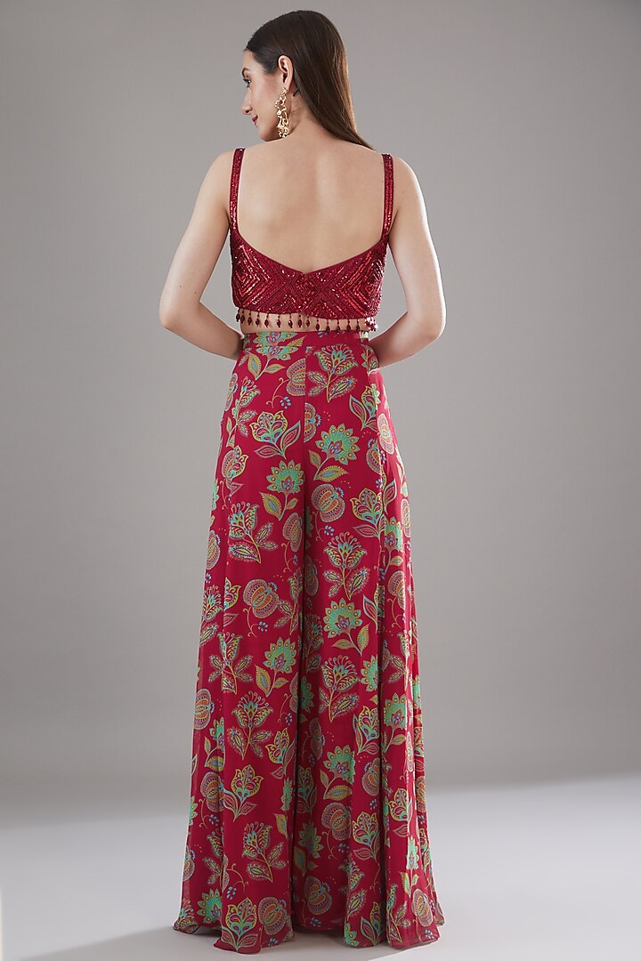 Crimson Red Georgette Printed Wedding Sharara Set by DiyaRajvvir at Pernia's Pop Up Shop