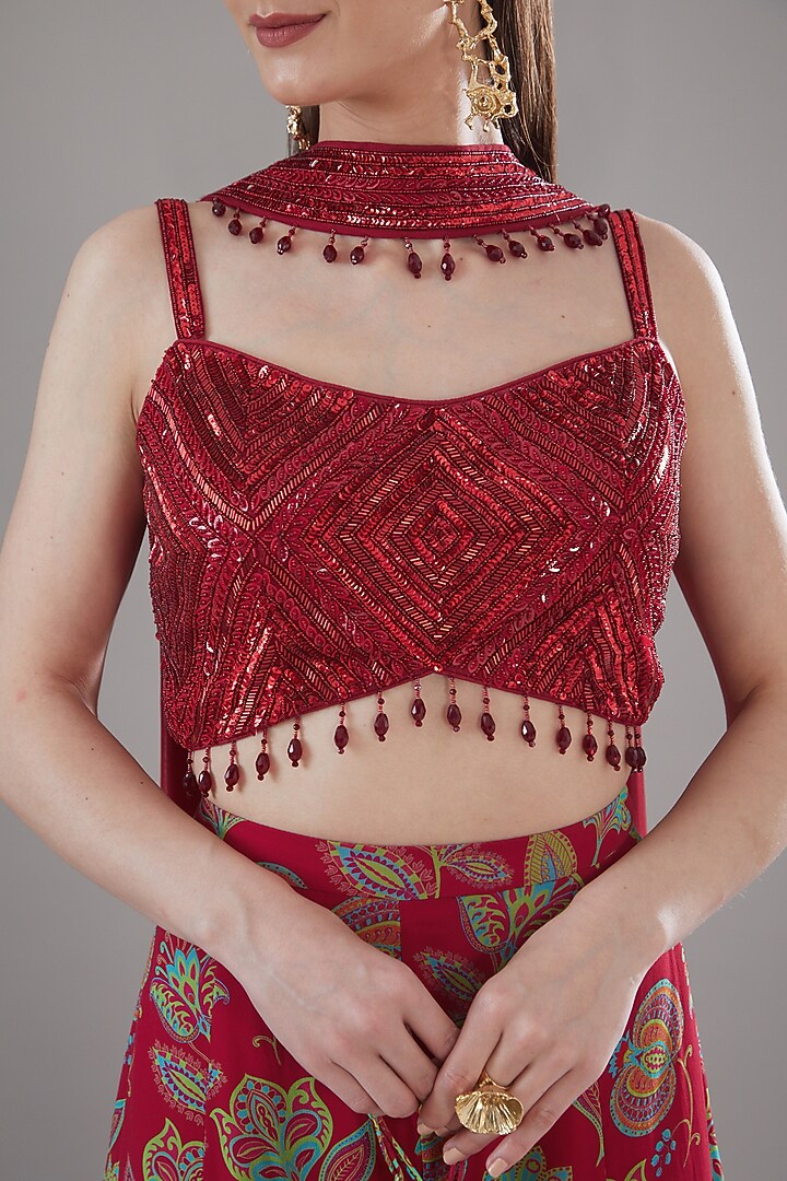 Crimson Red Georgette Printed Wedding Sharara Set by DiyaRajvvir at Pernia's Pop Up Shop