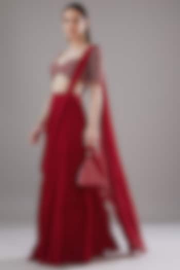 Crimson Red Tulle & Georgette Skirt Saree Set by DiyaRajvvir