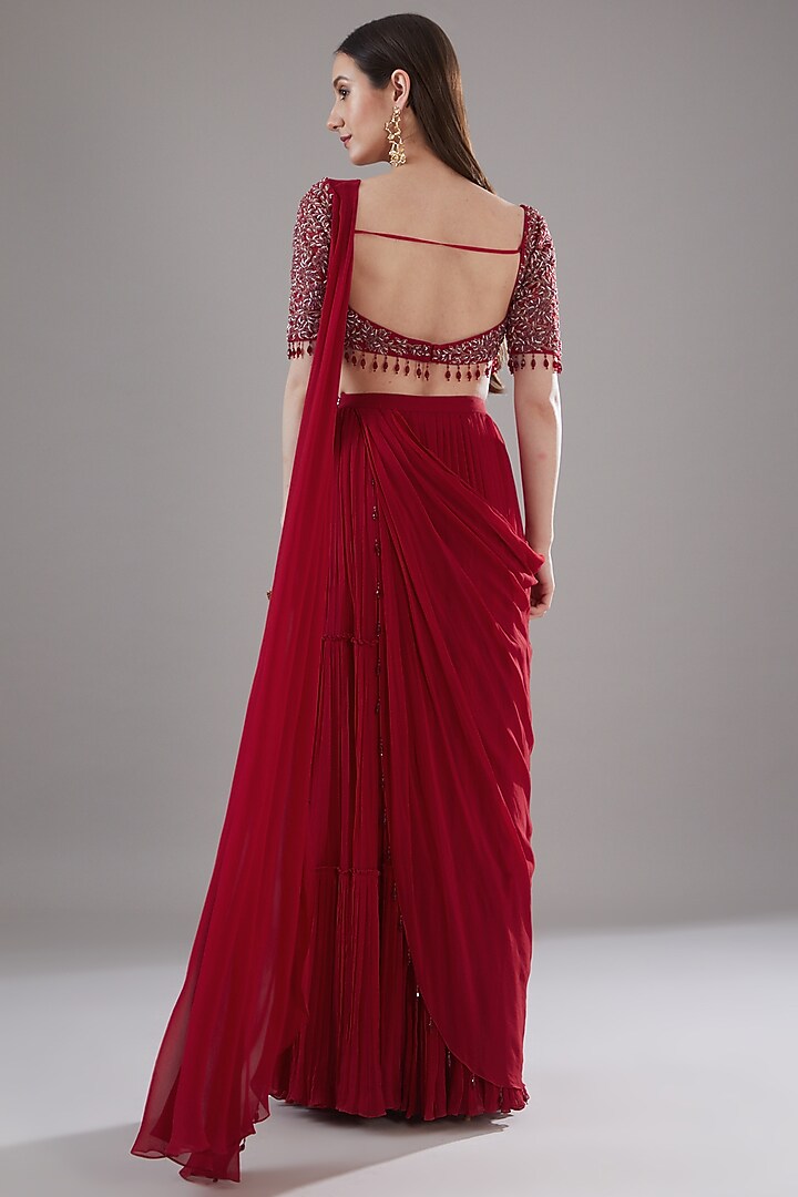 Crimson Red Tulle & Georgette Skirt Wedding Saree Set by DiyaRajvvir at Pernia's Pop Up Shop