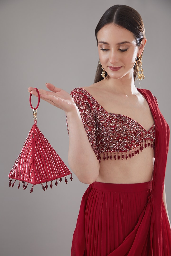 Crimson Red Tulle & Georgette Skirt Wedding Saree Set by DiyaRajvvir at Pernia's Pop Up Shop