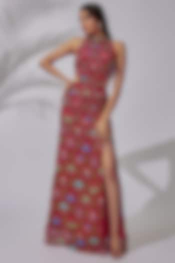 Crimson Red Georgette Embroidered & Printed Dress by DiyaRajvvir