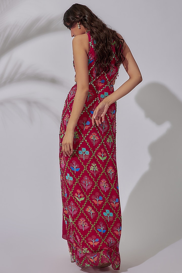 Crimson Red Georgette Embroidered & Printed Cocktail Dress by DiyaRajvvir at Pernia's Pop Up Shop