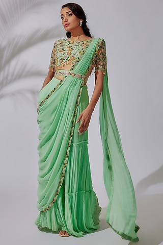 Mint Green Tulle & Georgette Embroidered Tiered Gharara Saree Set by DiyaRajvvir