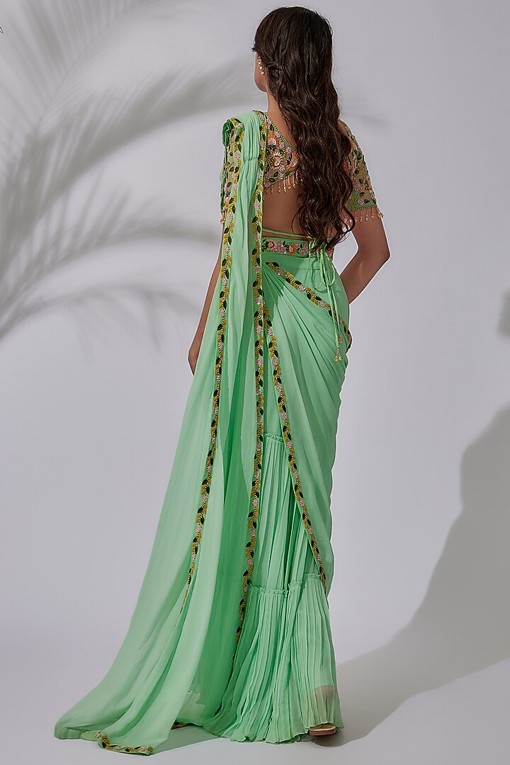 Mint Green Tulle & Georgette Embroidered Tiered Gharara Wedding Saree Set by DiyaRajvvir at Pernia's Pop Up Shop