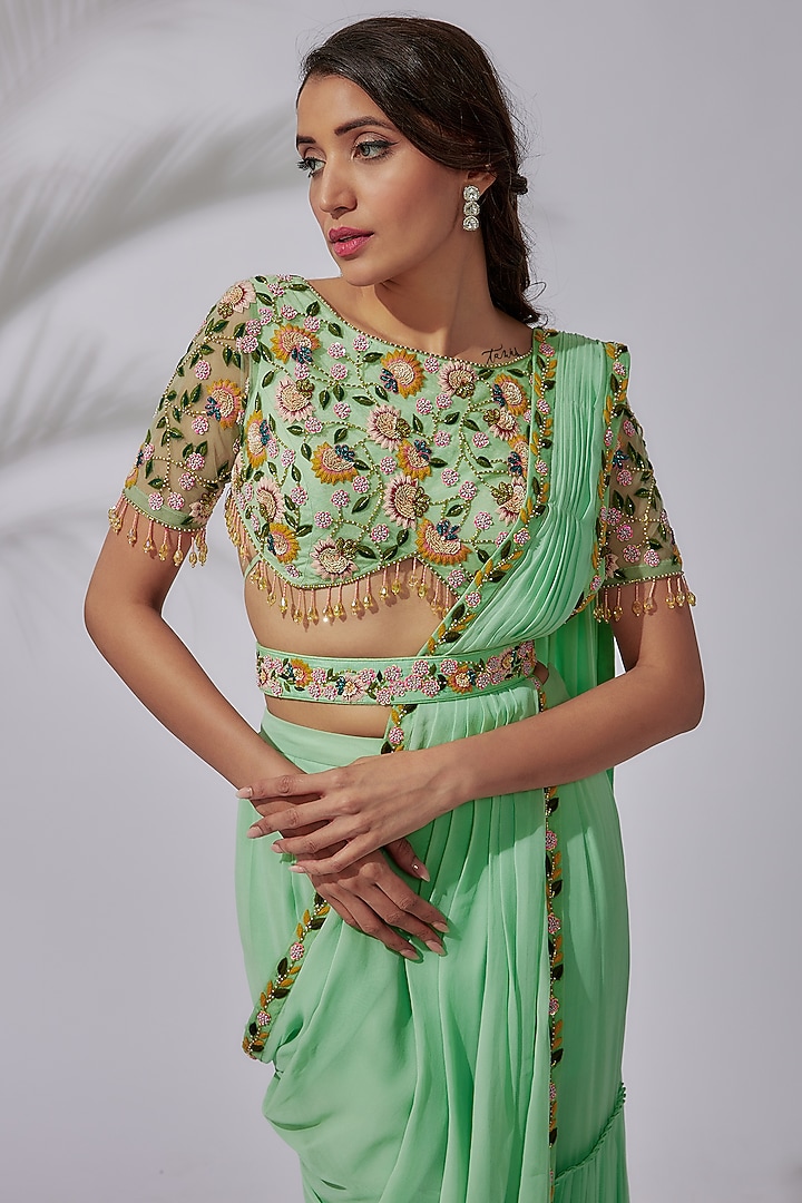 Mint Green Tulle & Georgette Embroidered Tiered Gharara Wedding Saree Set by DiyaRajvvir at Pernia's Pop Up Shop