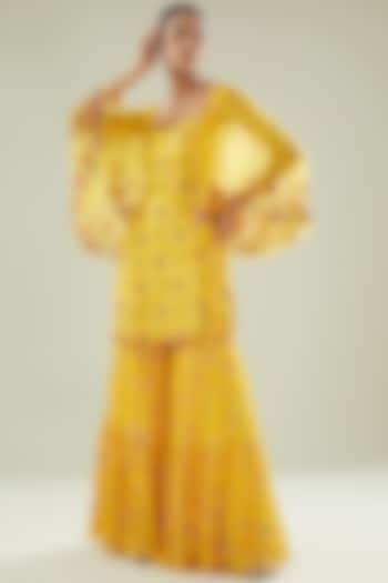 Yellow Tulle & Georgette Digital Printed Tiered Gharara Set by DiyaRajvvir