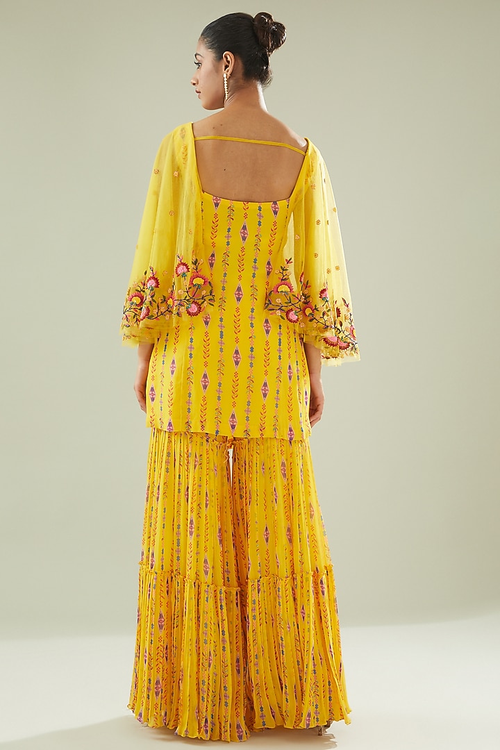 Yellow Tulle & Georgette Digital Printed Tiered Gharara Set by DiyaRajvvir at Pernia's Pop Up Shop