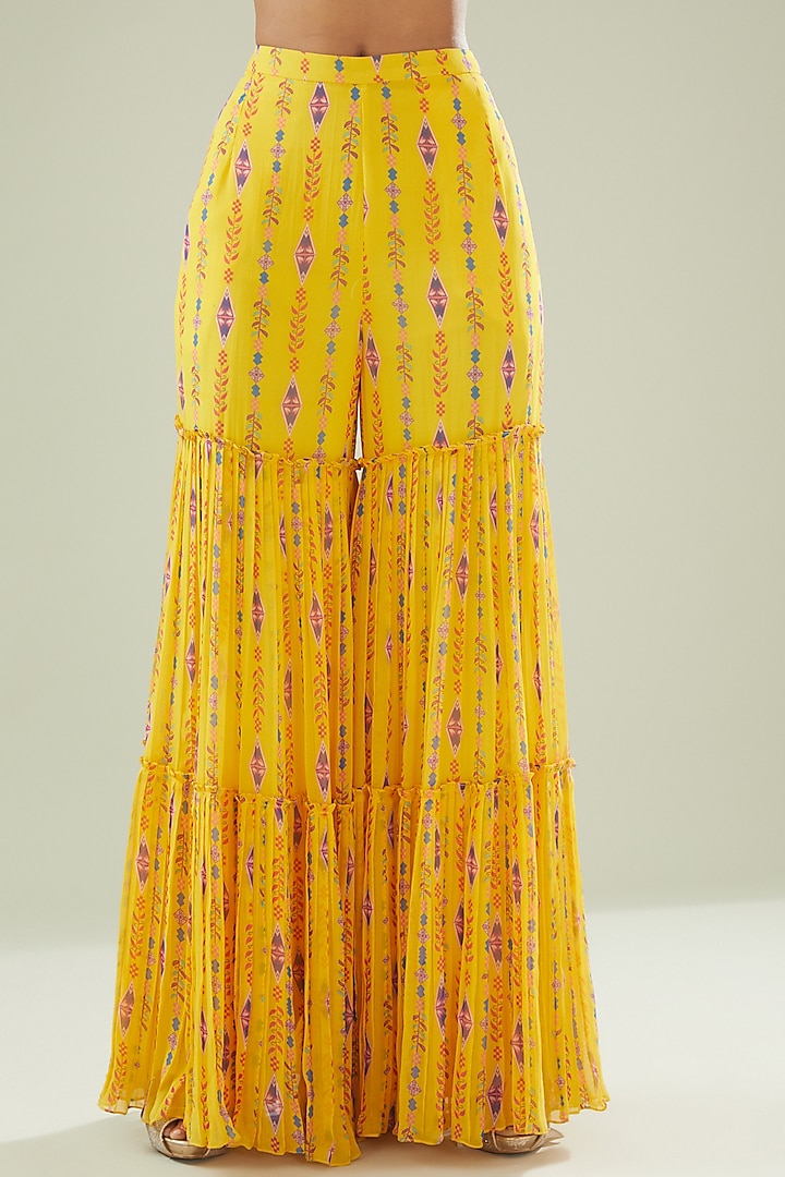 Yellow Tulle & Georgette Digital Printed Tiered Gharara Set by DiyaRajvvir at Pernia's Pop Up Shop