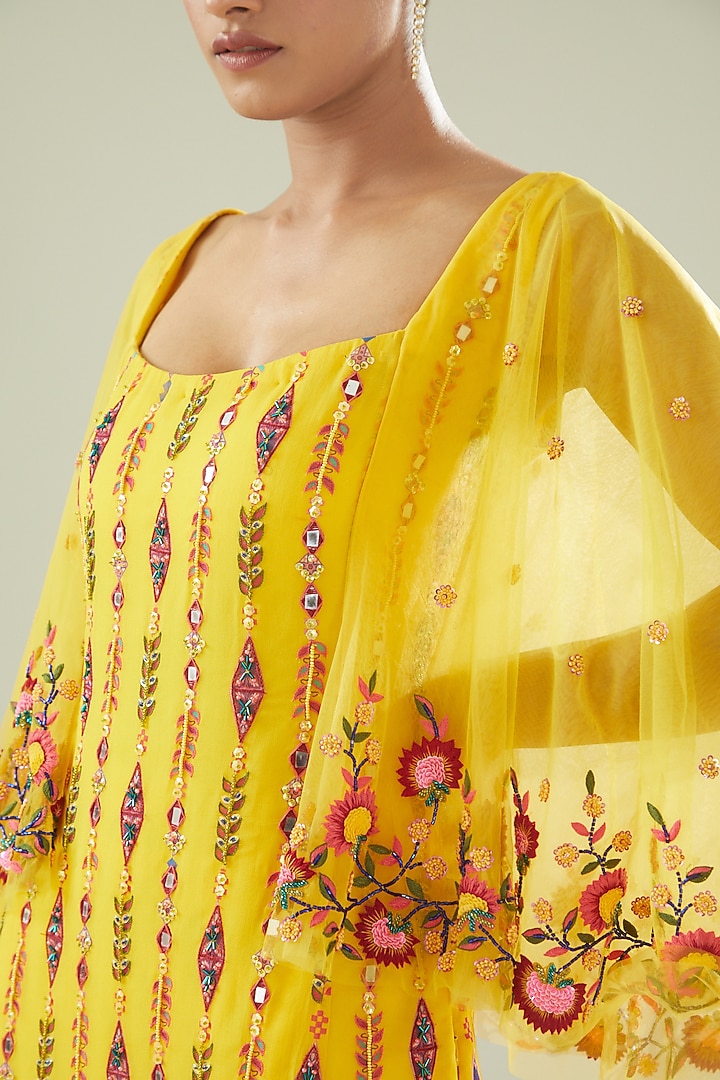 Yellow Tulle & Georgette Digital Printed Tiered Gharara Set by DiyaRajvvir at Pernia's Pop Up Shop