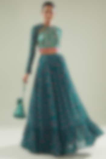 Teal Blue Modal & Georgette Digital Printed Tiered Skirt Set by DiyaRajvvir