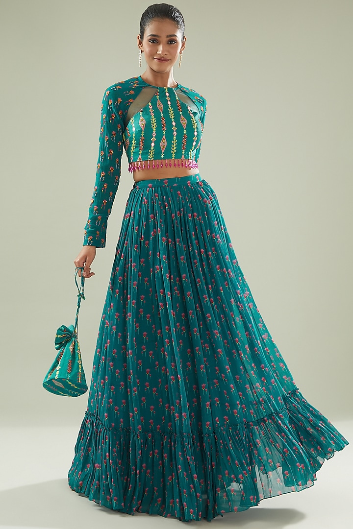 Teal Blue Modal & Georgette Digital Printed Tiered Skirt Set by DiyaRajvvir