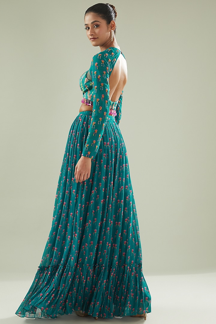Teal Blue Modal & Georgette Digital Printed Tiered Skirt Set by DiyaRajvvir at Pernia's Pop Up Shop