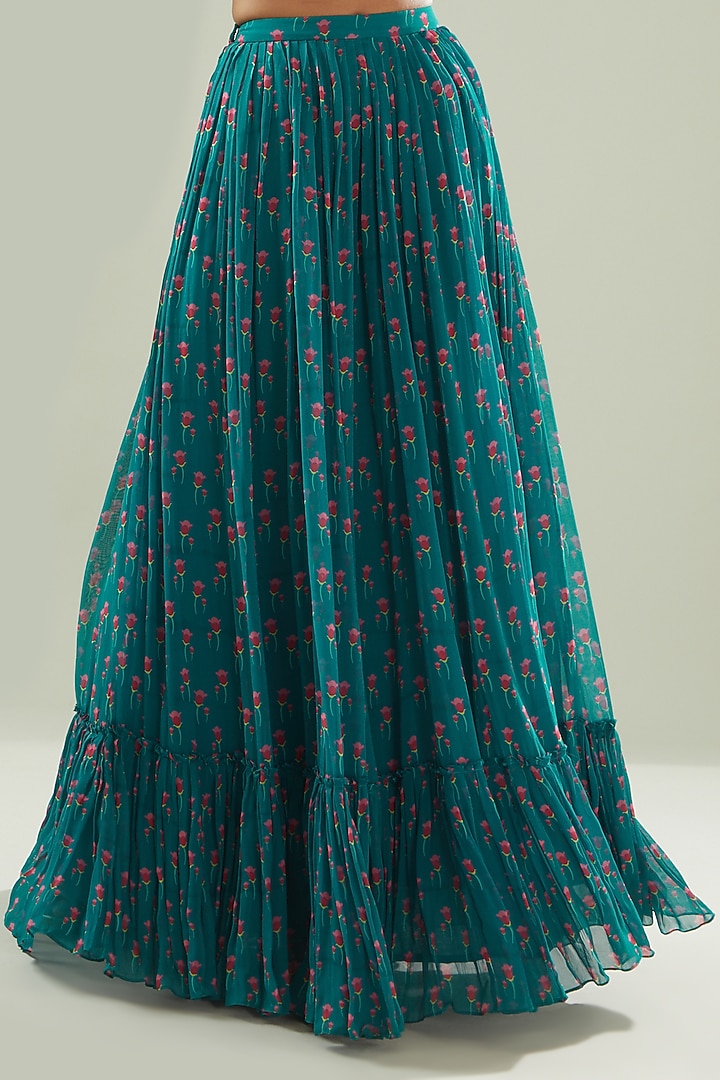 Teal Blue Modal & Georgette Digital Printed Tiered Skirt Set by DiyaRajvvir at Pernia's Pop Up Shop