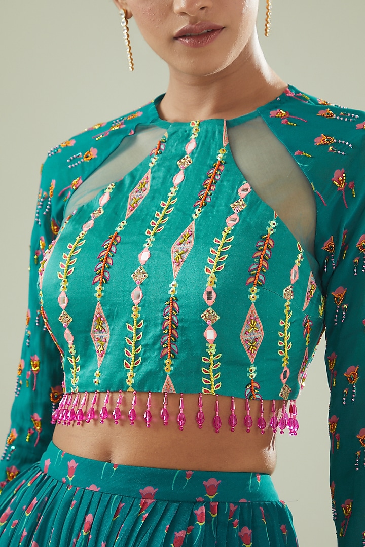 Teal Blue Modal & Georgette Digital Printed Tiered Skirt Set by DiyaRajvvir at Pernia's Pop Up Shop