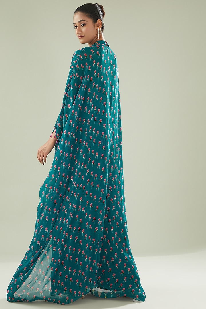 Teal Blue Modal & Georgette Digital Printed Cape Set by DiyaRajvvir at Pernia's Pop Up Shop