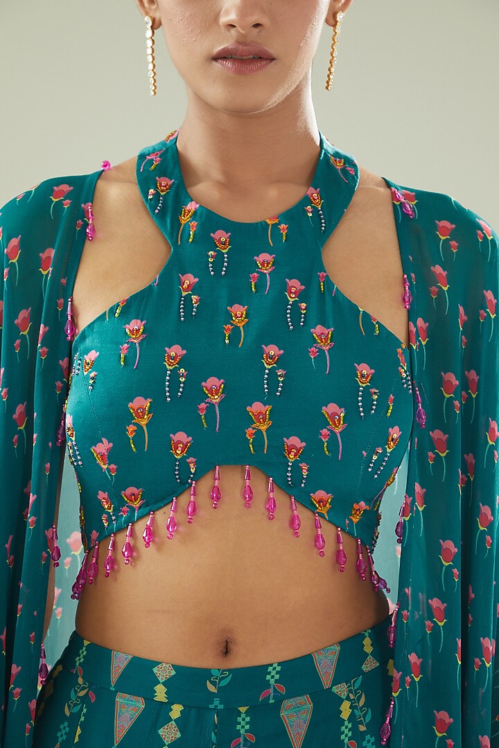 Teal Blue Modal & Georgette Digital Printed Cape Set by DiyaRajvvir at Pernia's Pop Up Shop