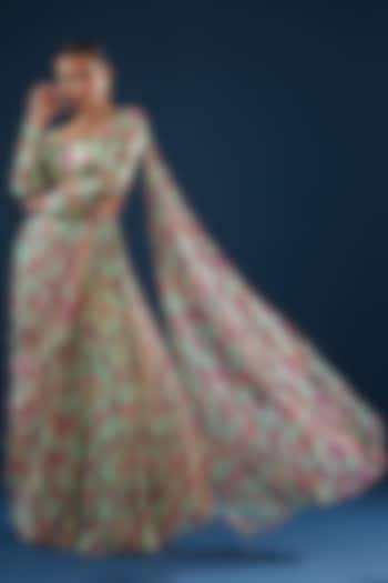 Mint Green Modal & Georgette Tiered Skirt Saree Set by DiyaRajvvir