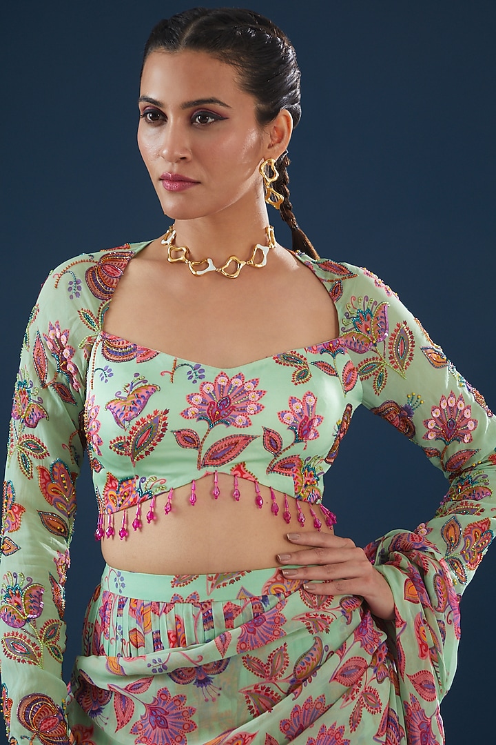 Mint Green Modal & Georgette Tiered Skirt Wedding Saree Set by DiyaRajvvir at Pernia's Pop Up Shop