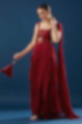 Crimson Red Cotton Silk & Georgette Layered Ruffled Wedding Saree Set by DiyaRajvvir at Pernia's Pop Up Shop