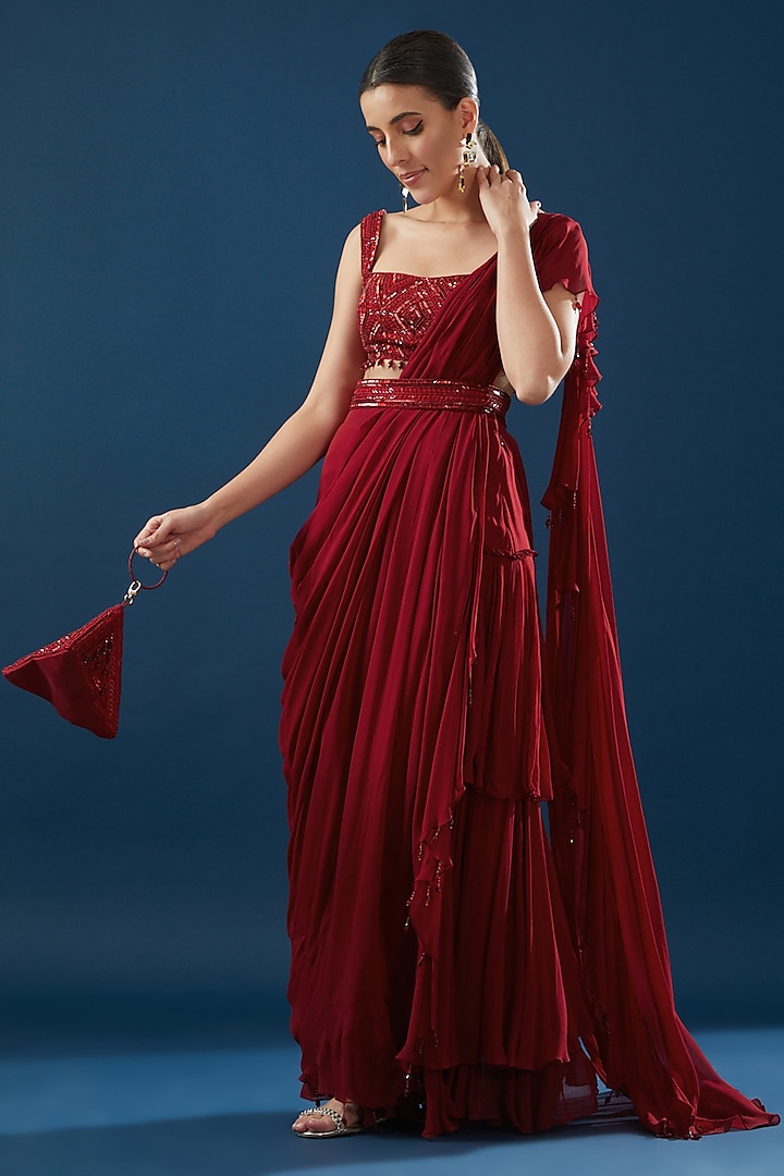 Crimson Red Cotton Silk & Georgette Layered Ruffled Wedding Saree Set by DiyaRajvvir at Pernia's Pop Up Shop