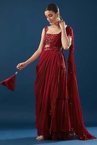 Crimson Red Cotton Silk & Georgette Layered Ruffled Saree Set by DiyaRajvvir