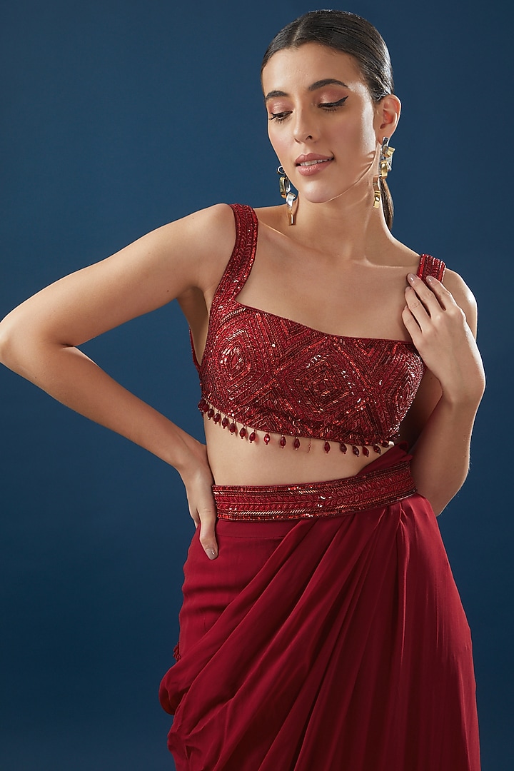 Crimson Red Cotton Silk & Georgette Layered Ruffled Wedding Saree Set by DiyaRajvvir at Pernia's Pop Up Shop